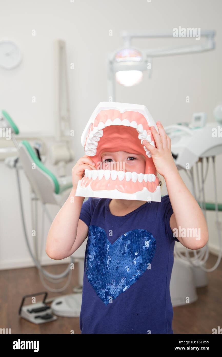 Mädchen in dental Sugery halten große Zahn-Modell Stockfoto