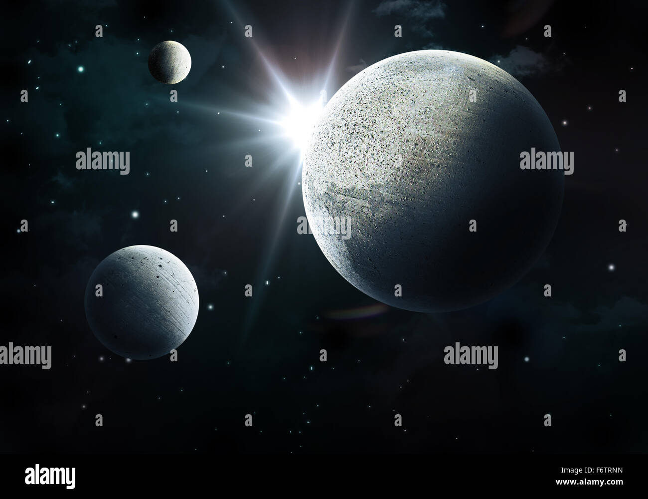 Raum-Szene mit fiktiven Planeten und Nebel Stockfoto