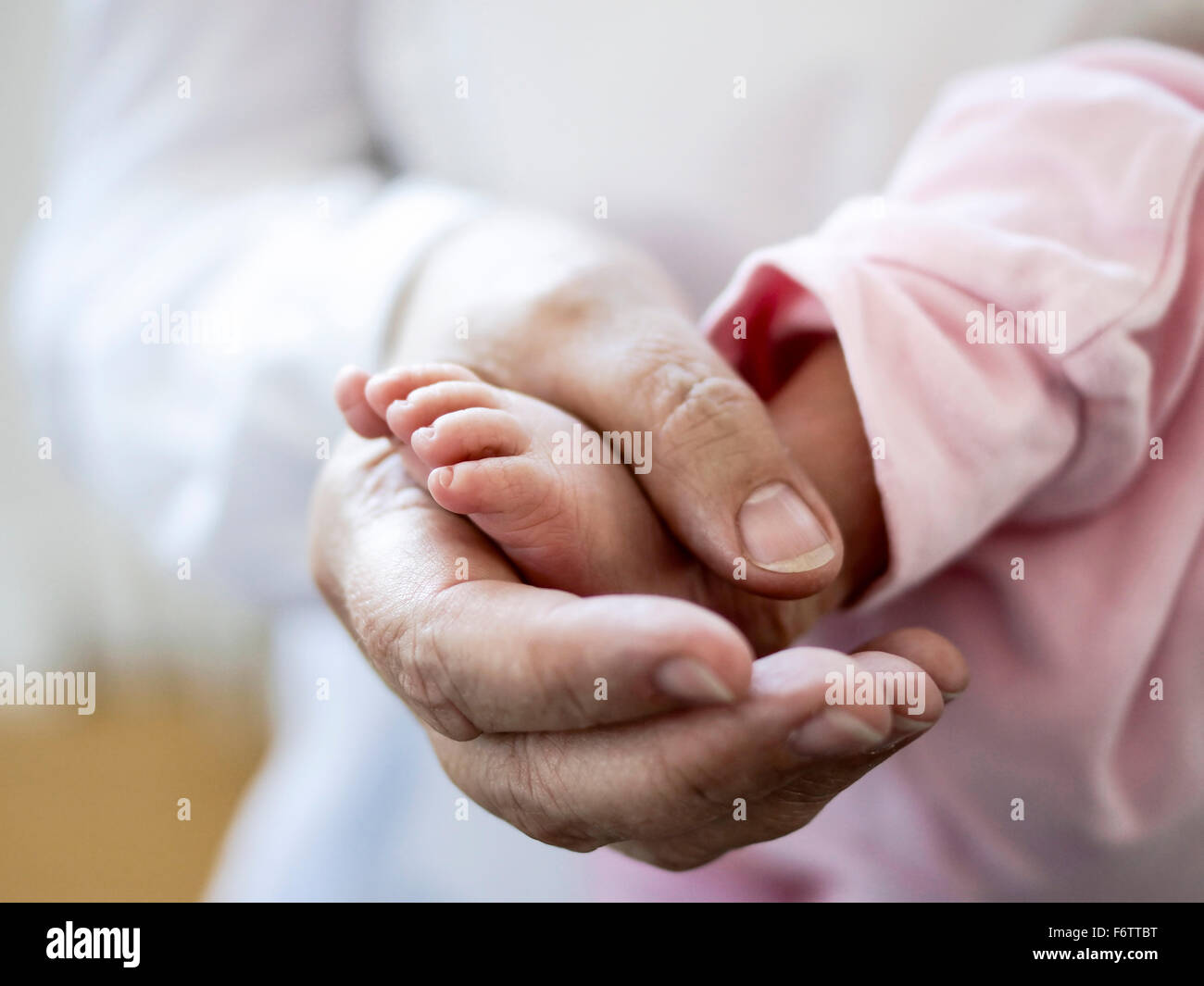 Kleines Baby Fuß in der Hand der Großmutter Stockfoto