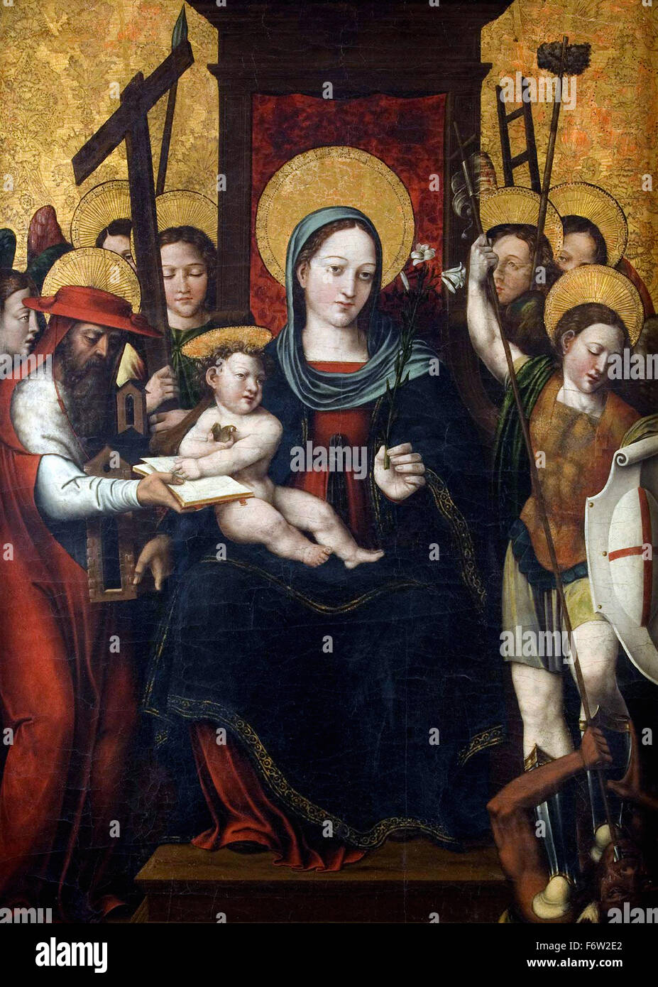 Juan de Juanes - thronende Madonna mit Kind, Hl. Hieronymus, der Erzengel Michael und Engel Holding Instrumente der Leidenschaft Stockfoto