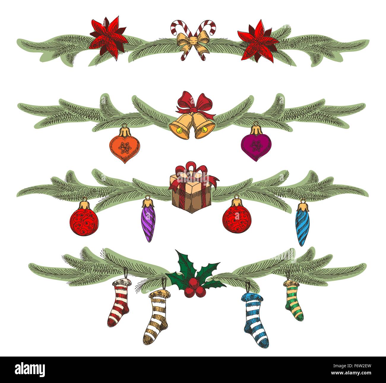 Bunte handgezeichnete Weihnachten Grenzen oder Teiler festgelegt. Weihnachten-Symbole und Kiefer Baum Zweige. Stock Vektor