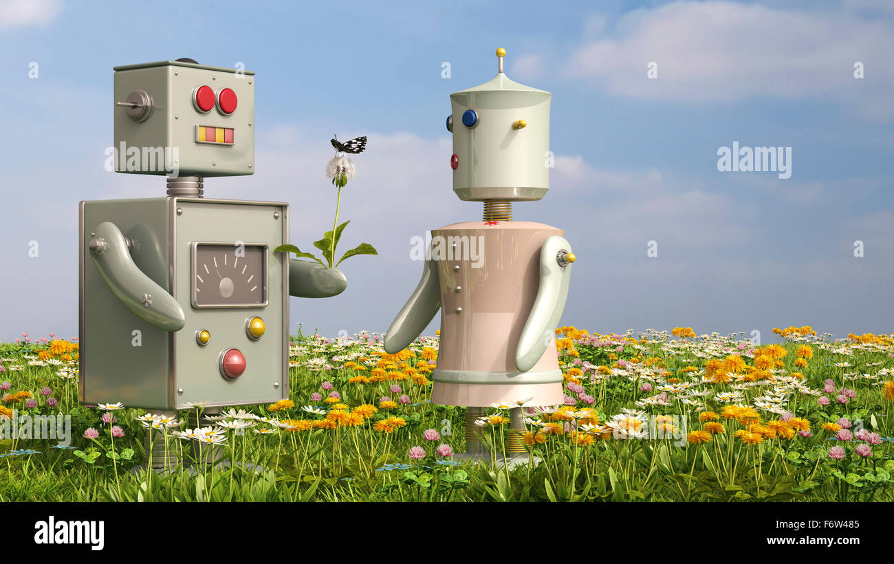 Männliche und weibliche Roboter stehen auf Blumenwiese, 3D rendering Stockfoto