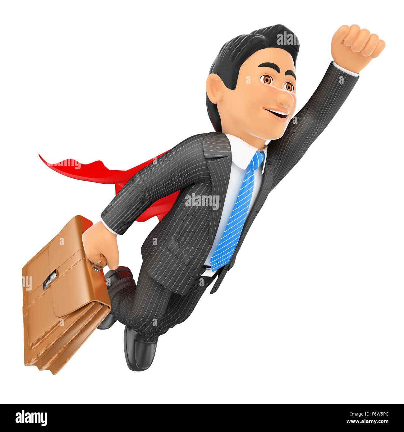 3d-Geschäft Leute. super Geschäftsmann fliegen mit Cape und Aktenkoffer. isoliert weißer Hintergrund. Stockfoto