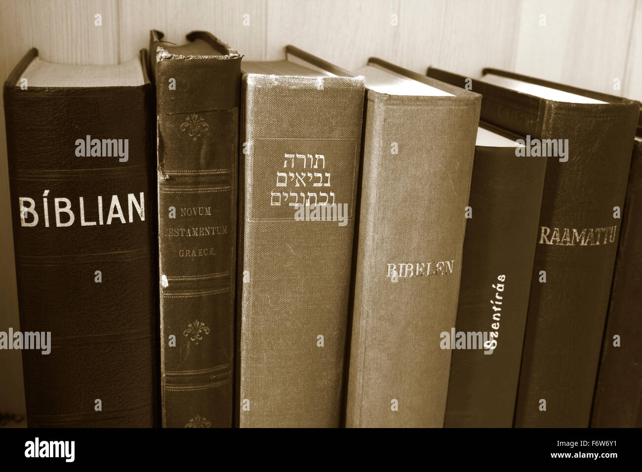 Antike Bibeln Bücher in verschiedenen Sprachen schwarz / weiß Stockfoto