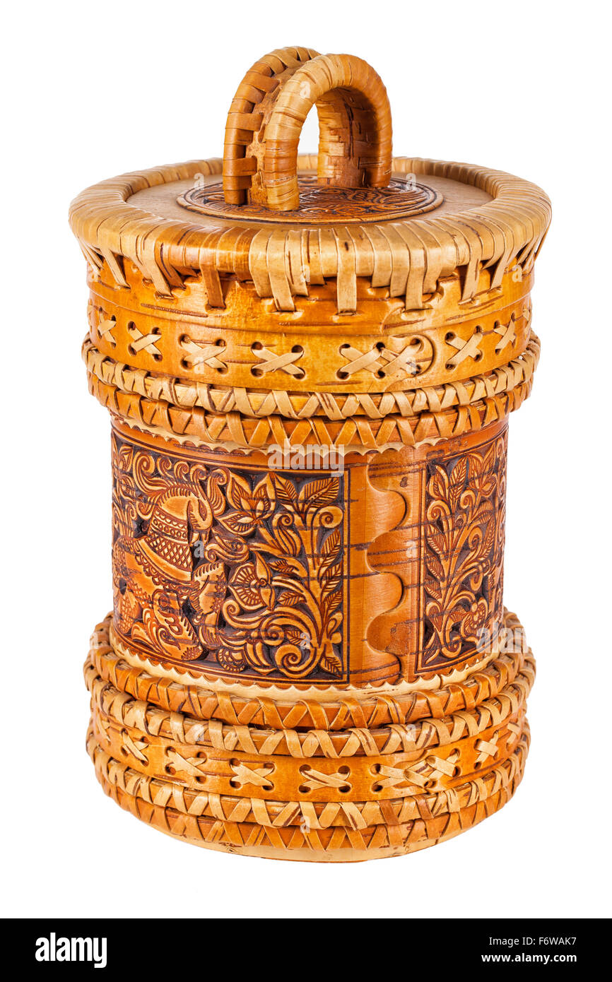 Russischen Folk-Holzkunst handmade Kultur isoliert Objekt Hintergrund schnitzen Handwerk ländliche Stil Leben weiß braun retro Stockfoto