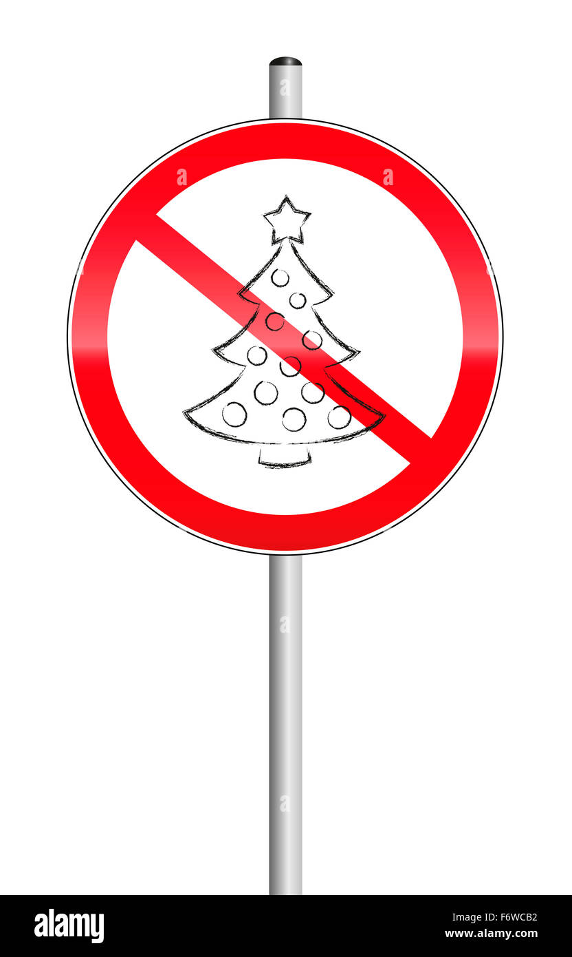 Weihnachtsbaum durchgestrichen auf ein Verbotszeichen als Symbol für Weihnachten Probleme. Abbildung auf weißem Hintergrund. Stockfoto