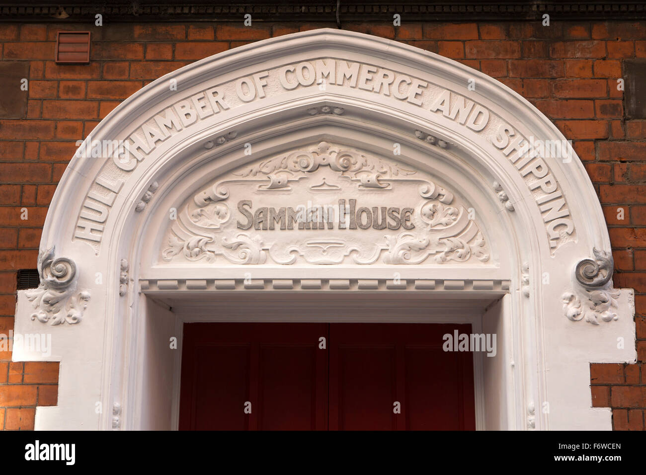 Großbritannien, England, Yorkshire, Hull, High Street, Doorway of Samman House, ehemalige Heimat der Chamber Of Commerce und Versand Stockfoto