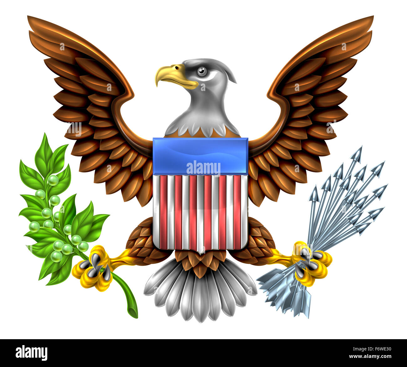 American Eagle Design mit Weißkopfseeadler wie auf das große Siegel der Vereinigten Staaten halten einen Olivenzweig und Pfeile gefunden Stockfoto