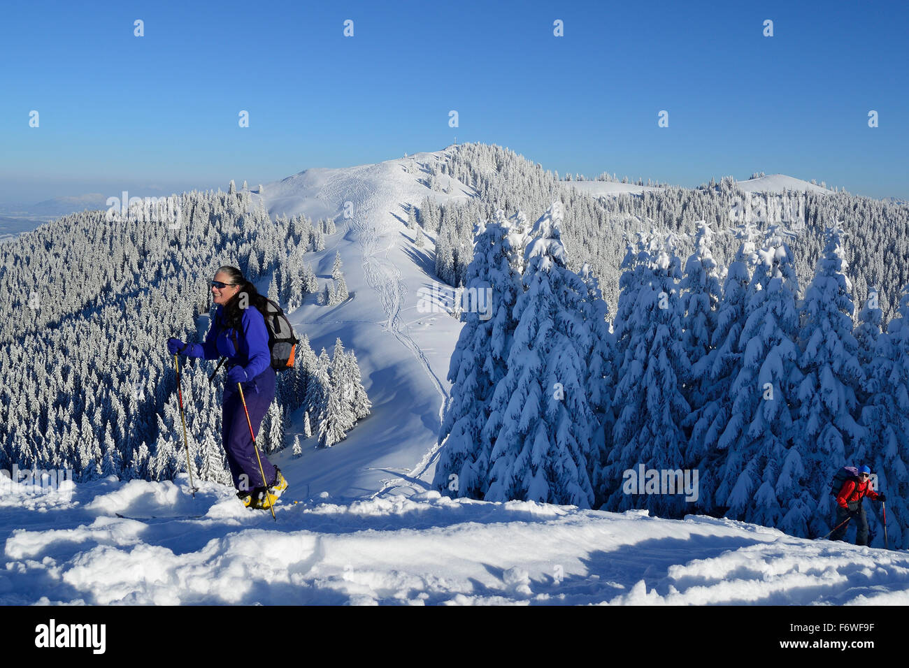 Zwei Personen Rücken-Langlauf aufsteigenden Hoernle, Hoernle, Ammergauer Alpen, Upper Bavaria, Bavaria, Germany Stockfoto