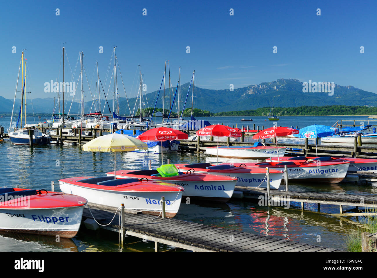 Rudern und Segeln Boote am Chiemsee mit Hochplatt und Kampenwand im Hintergrund, Gstadt, See Chiemsee, Chiemgau, bis Stockfoto