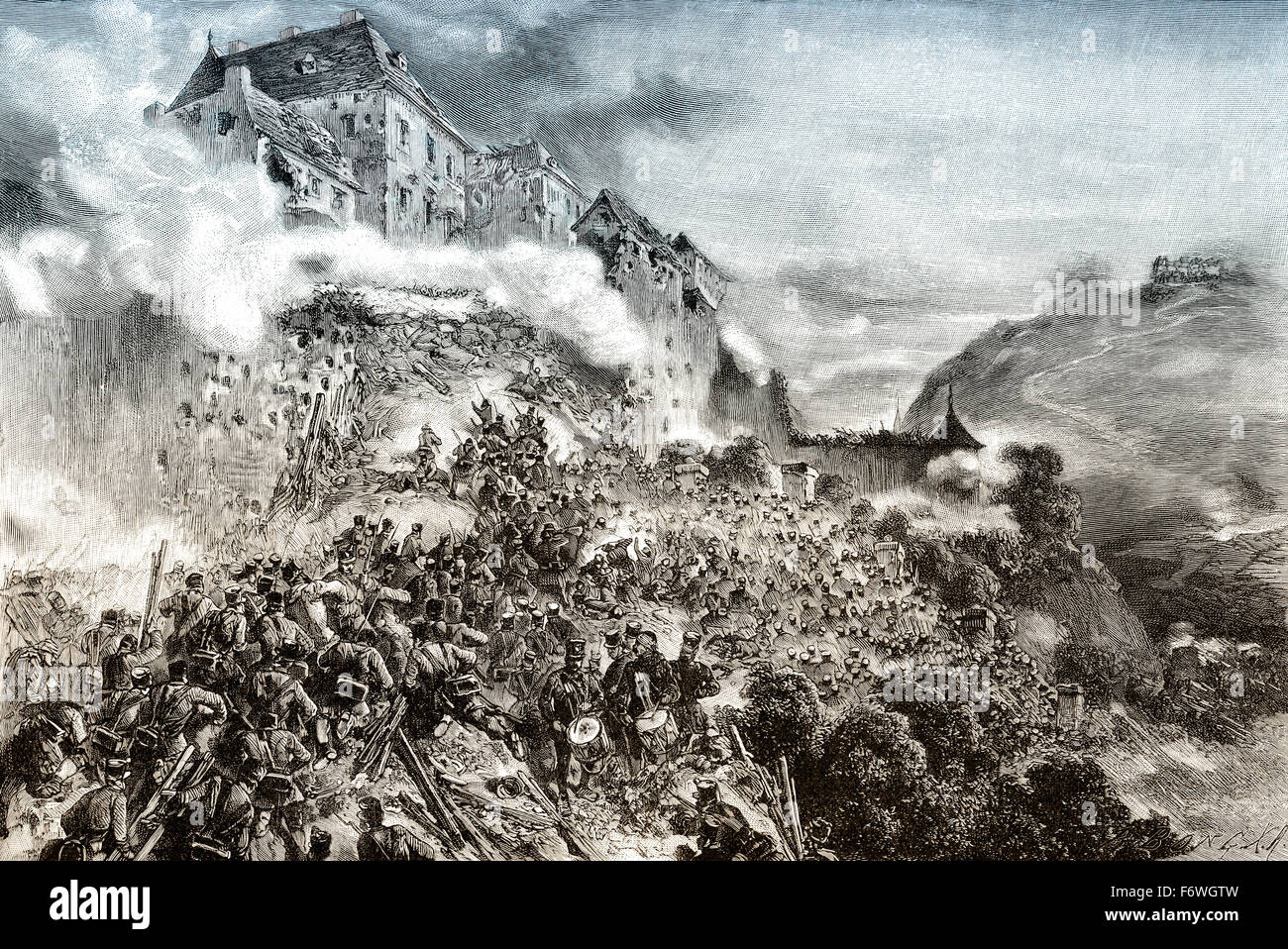Der Angriff der ungarischen Truppen, Ofenpass Burg, am 21. Mai 1849, ungarische Revolution 1848/1849, Stockfoto