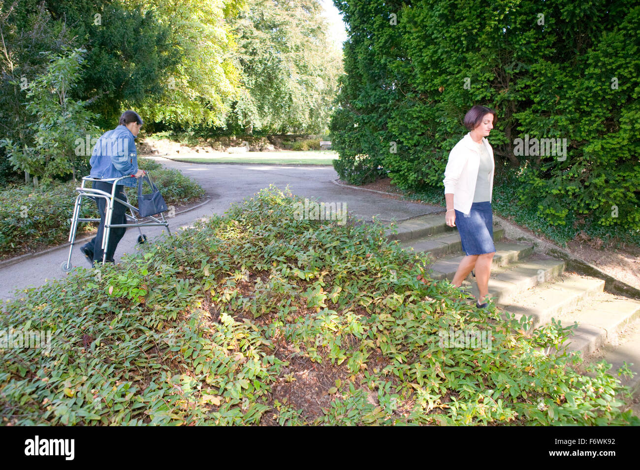 Verschiedene Wege des Zugangs: konventionelle Stufen oder eine glatte Rampe für einen leichteren Zugang für Menschen mit körperlichen Behinderungen, Stockfoto