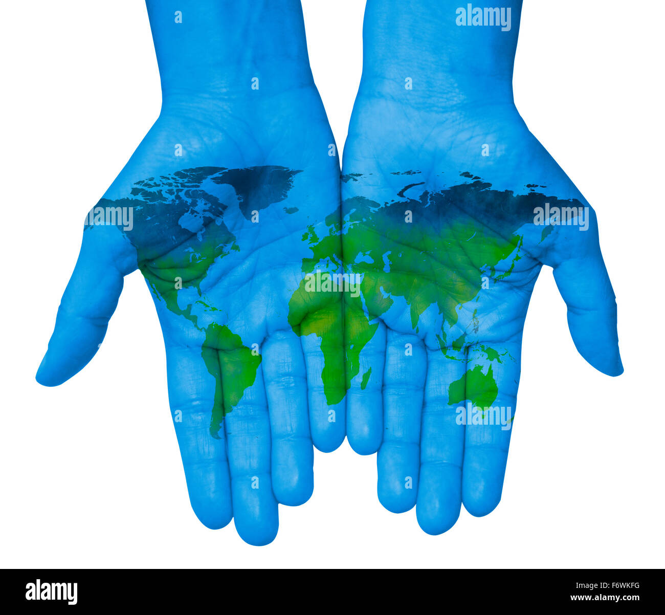 Die Welt in deinen Händen mit Weltkarte Stockfoto