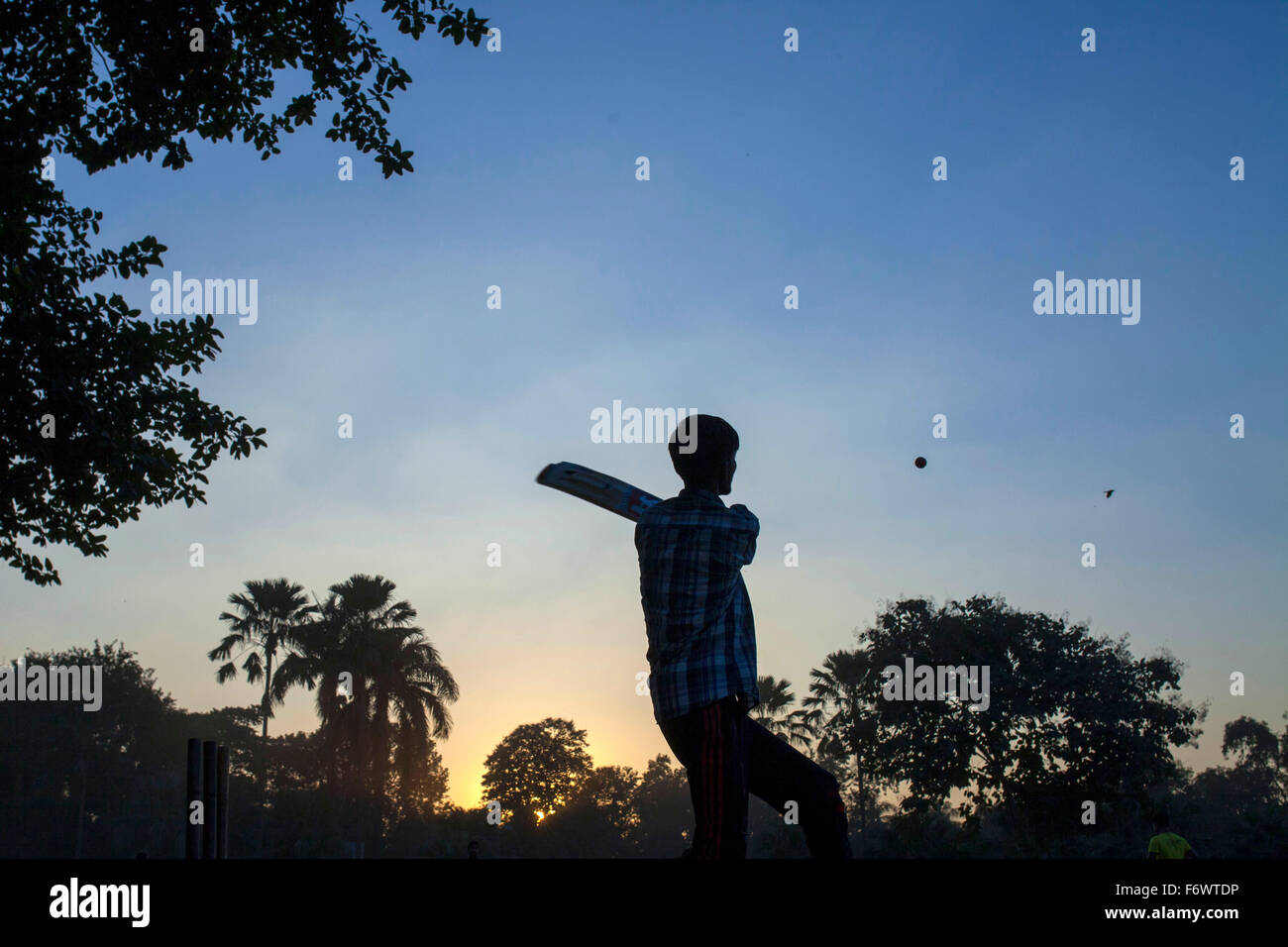 Dhaka, Bangladesch. 20. November 2015. Ein Junge spielt Cricket in einem Park abends in Dhaka am 20. November 2015. Bildnachweis: Zakir Hossain Chowdhury Zakir/Alamy Live-Nachrichten Stockfoto