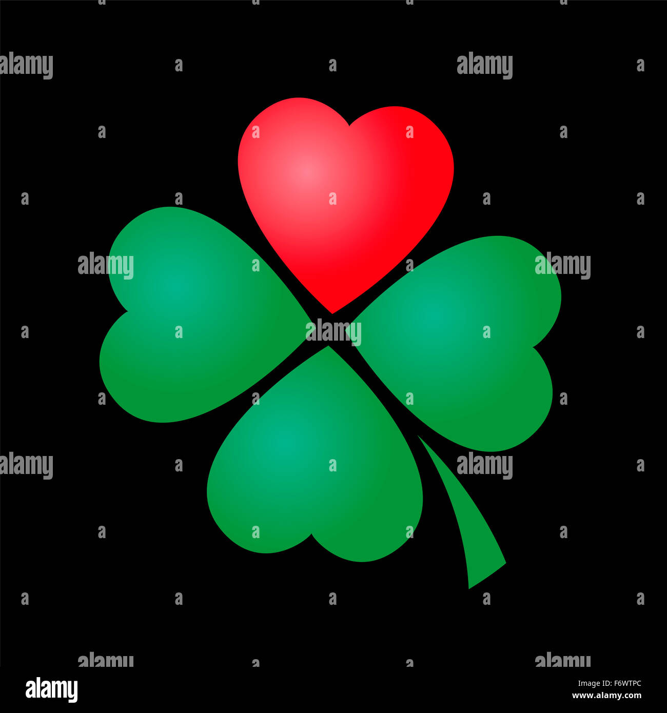 Kleeblatt - vier blättrig mit einem roten Herzen. Darstellung auf schwarzem Hintergrund. Stockfoto