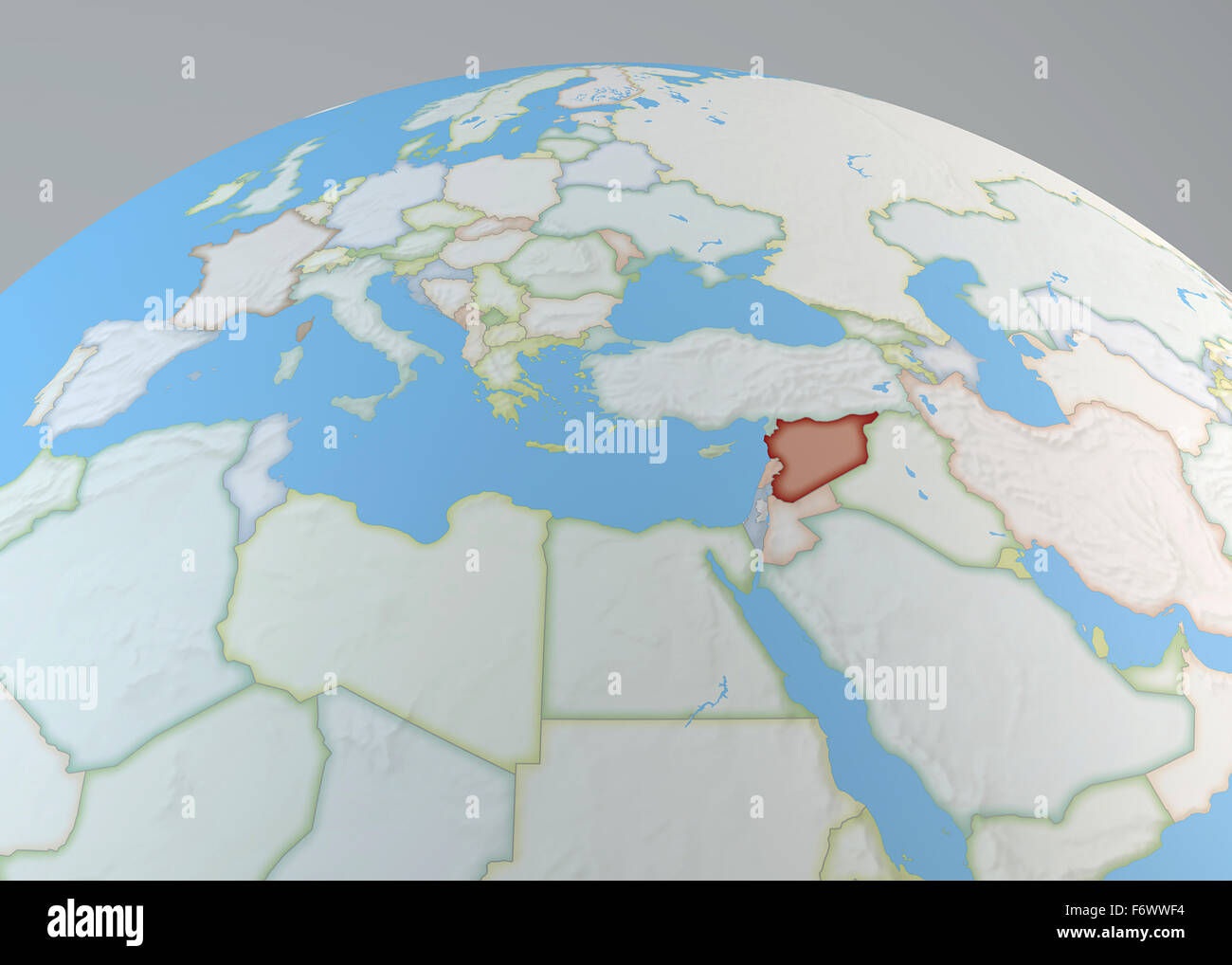 Weltkarte des Nahen Ostens mit Syrien hervorgehoben, Nordafrika und Europa Stockfoto