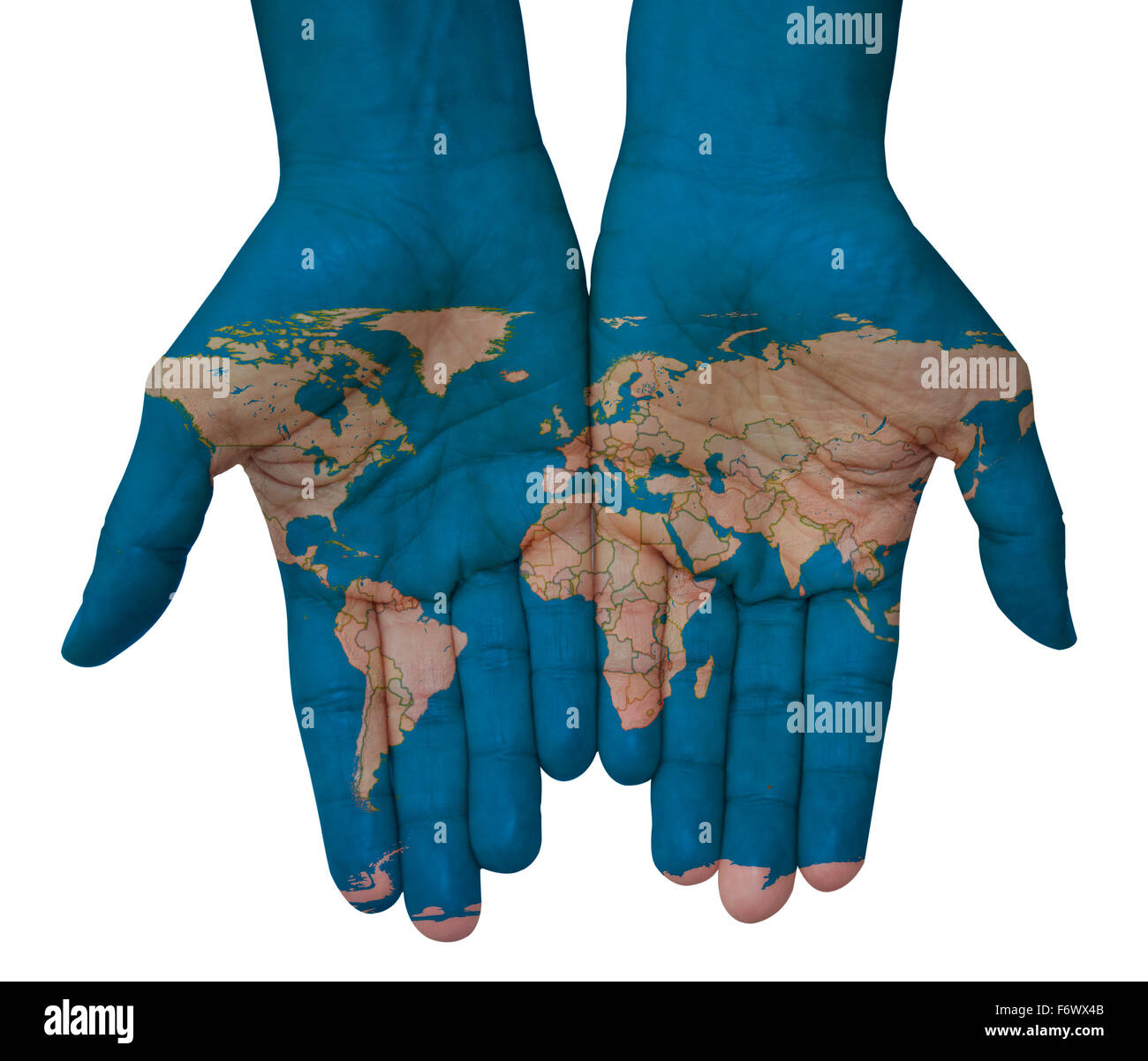 Die Welt in deinen Händen mit Weltkarte Stockfoto