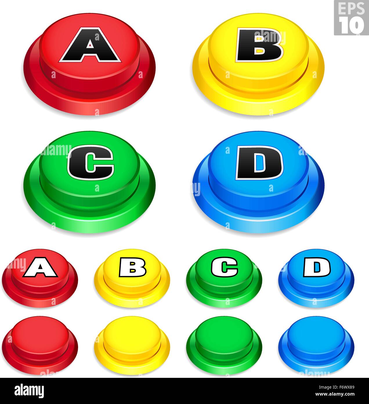 Arcade Tastende Drucktasten in Rot, Gelb, Grün und Blau Farben für Retro Spiele. Stock Vektor