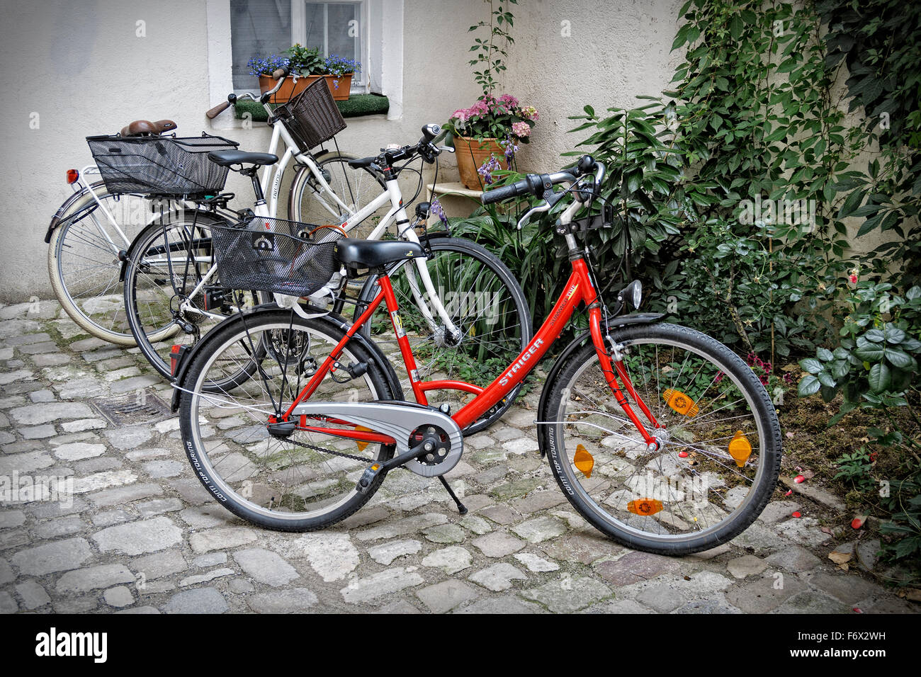 Geparkte Fahrräder auf gepflasterten Seitenstraße in Regensburg, Deutschland. Stockfoto