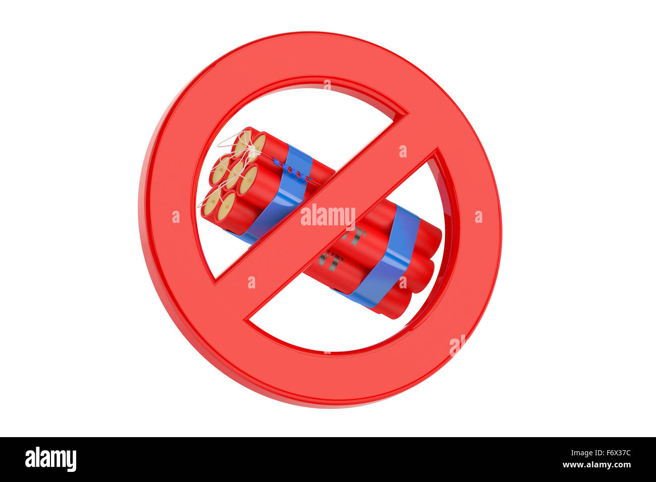 Bombe in Verbotszeichen isoliert auf weißem Hintergrund Stockfoto