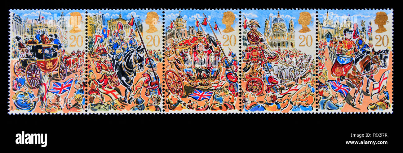 Briefmarken. Great Britain. Königin Elizabeth II. 1989. Lord Mayor es Show, London. Zusammendrucke Streifen von 5. 20p. Stockfoto