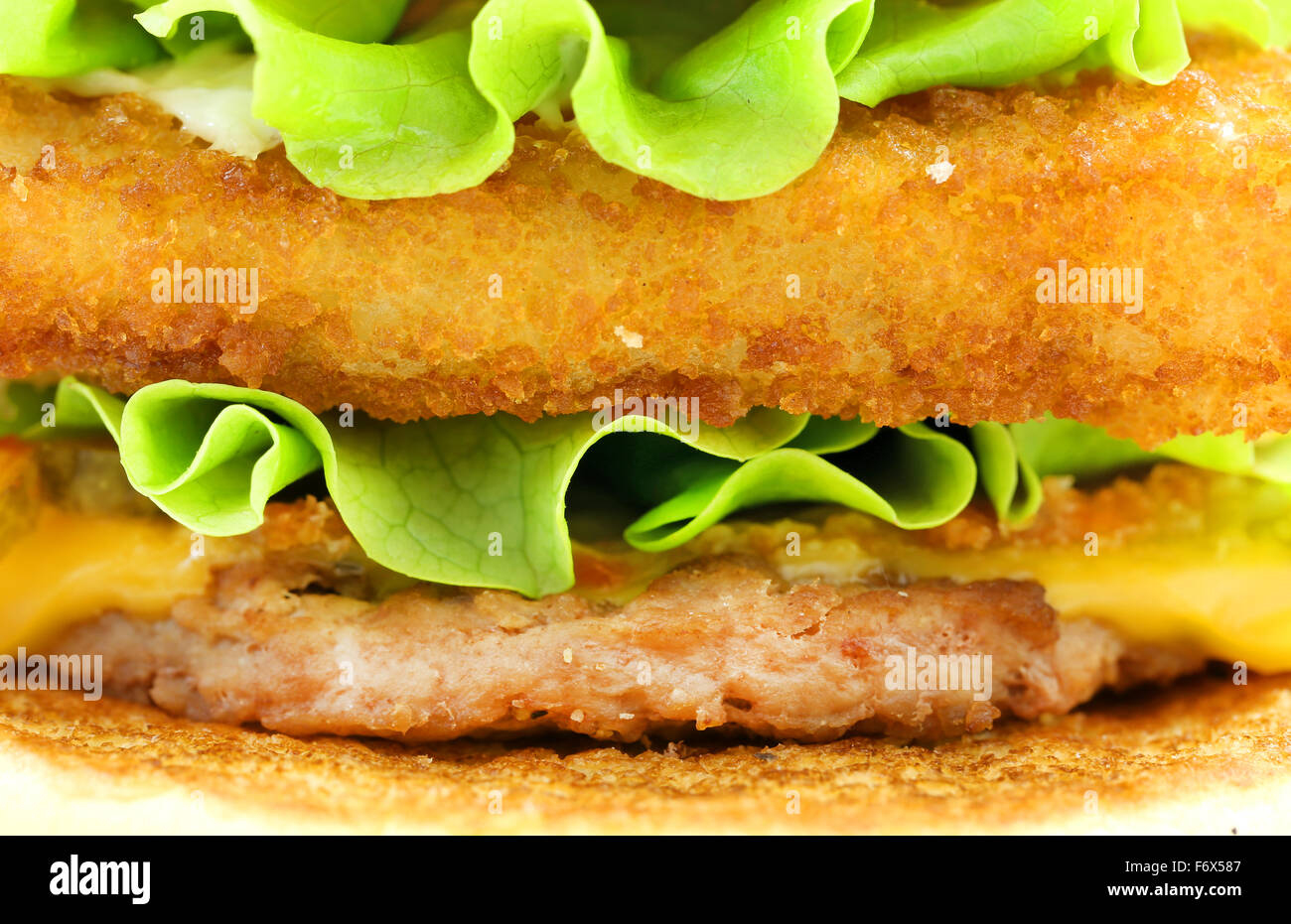 Burger mit Fleisch fotografierten Nahaufnahme auf weißem Hintergrund Stockfoto