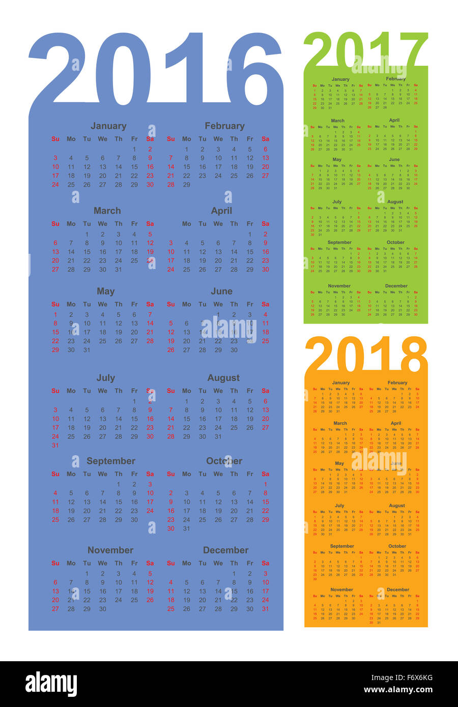 Kalender für das Jahr 2016, 2017 und 2018 Stockfoto