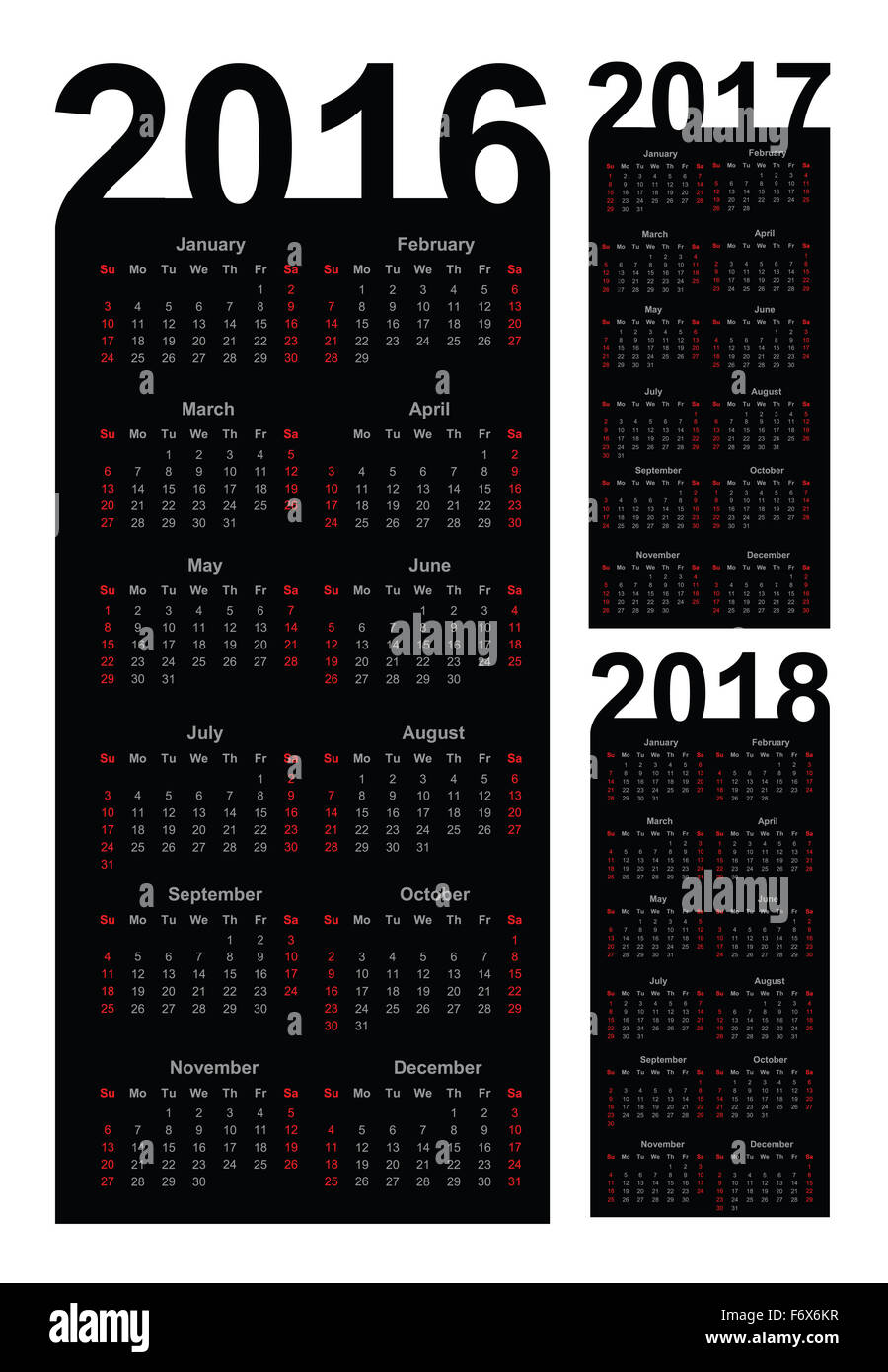 Kalender für das Jahr 2016, 2017 und 2018 Stockfoto