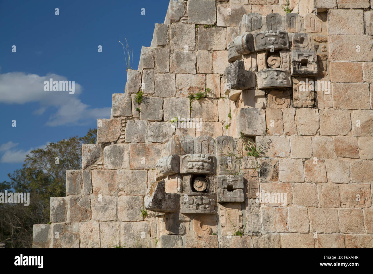 Regengott Chac Stein Masken, Pyramide des Zauberers, der Maya-Ausgrabungsstätte Uxmal; Yucatan, Mexiko Stockfoto