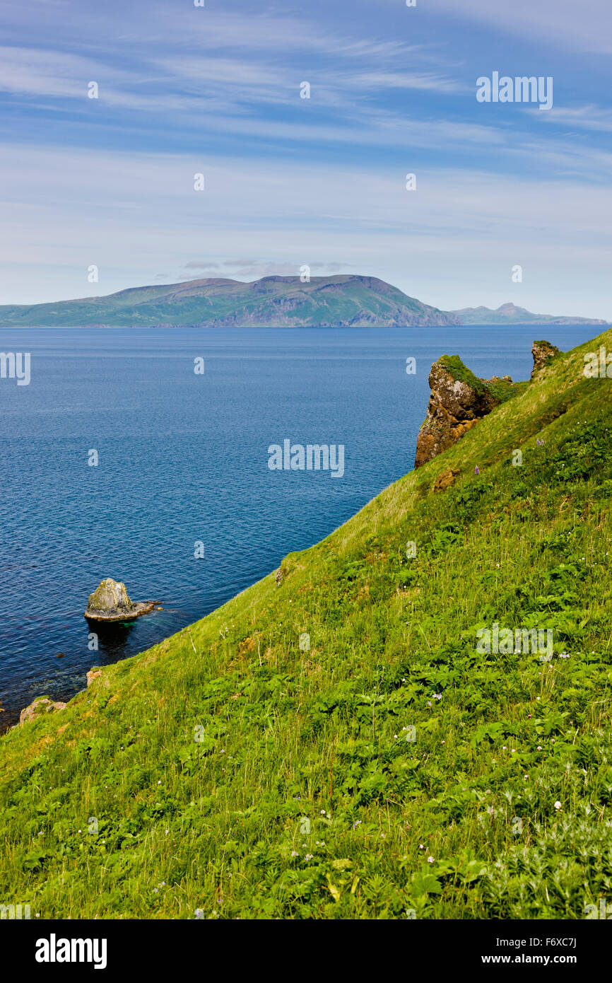 Malerische Aussicht auf Küste bluffs mit Blick auf den Pazifischen Ozean in der Nähe von Sand Point, Popof Insel, südwestlichen Alaska, Sommer Stockfoto