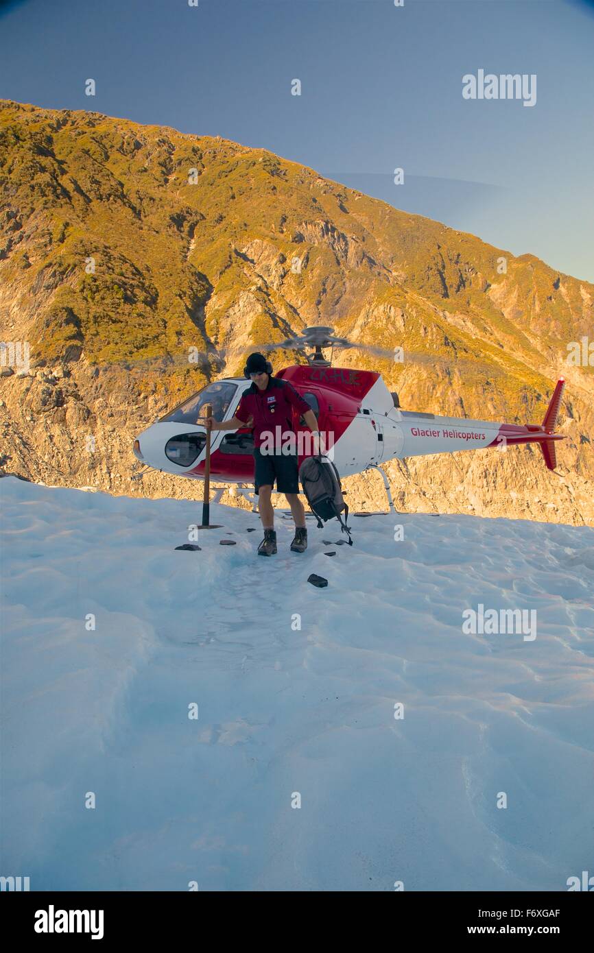 Bild von einem Hubschrauber landete am Fox-Gletscher in Neuseeland. Im Jahr 2013 Stockfoto