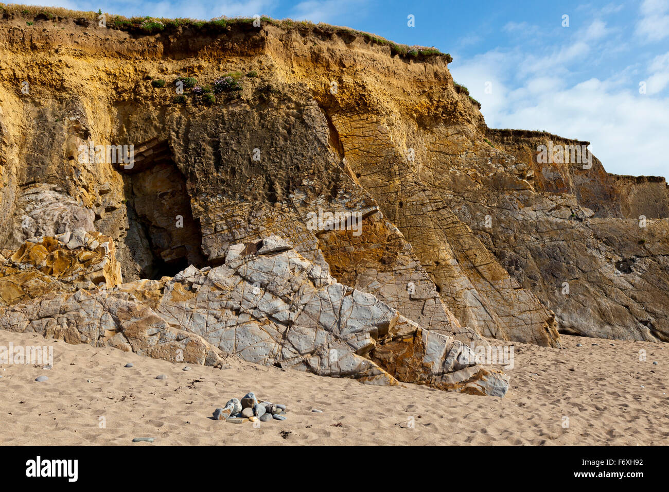 Der markante vertikale und gefalteten Bude Sandstein Schichten bei Widemouth Bay, Cornwall, England, UK Stockfoto