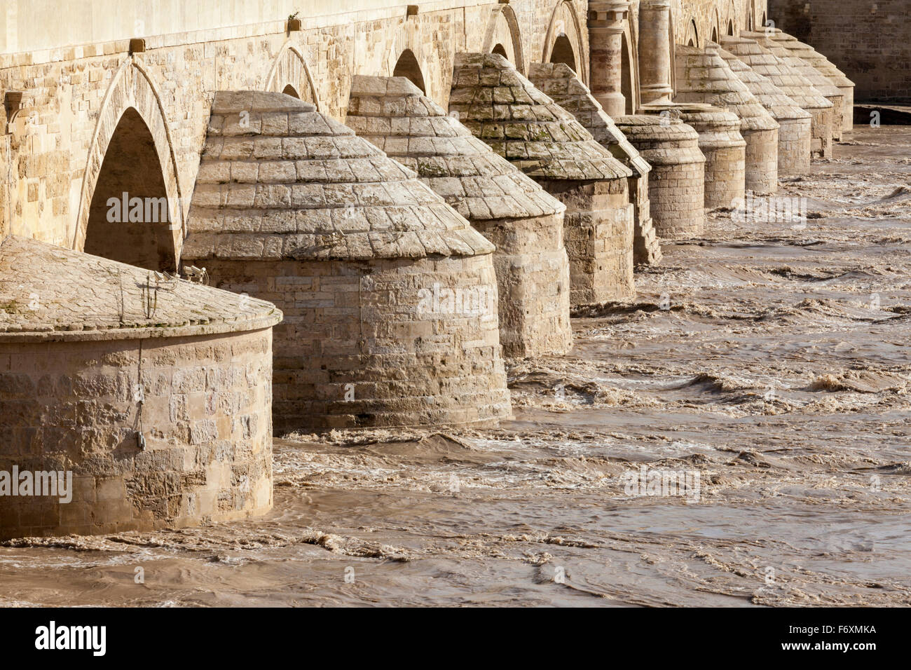 Starker Strömung des Flusses Guadalquivir Überspannungen unter den steinernen Bögen der römischen Brücke in Cordoba, Spanien Stockfoto