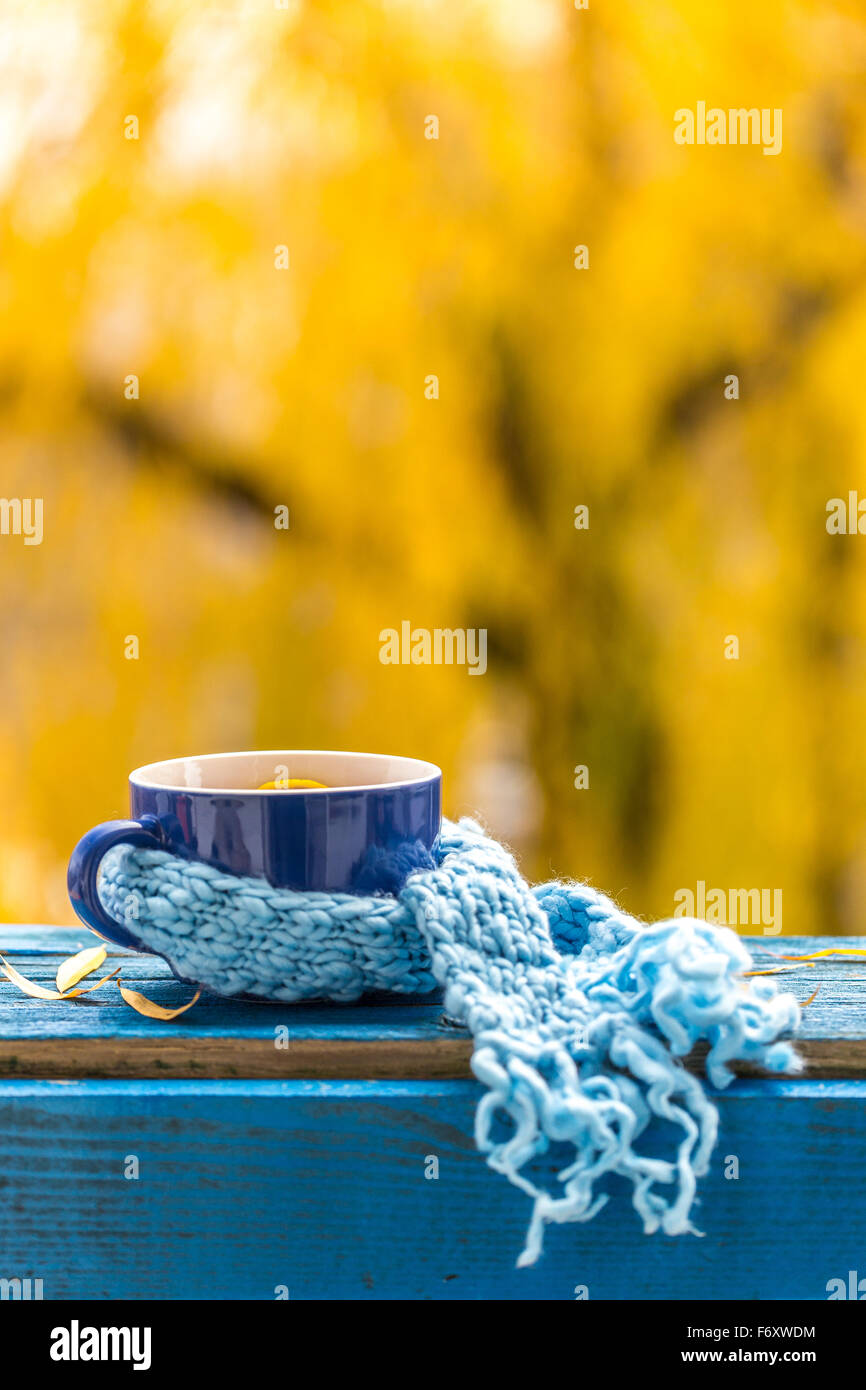Herbstliche Stillleben mit Tasse Tee und wärmenden Schal Stockfoto