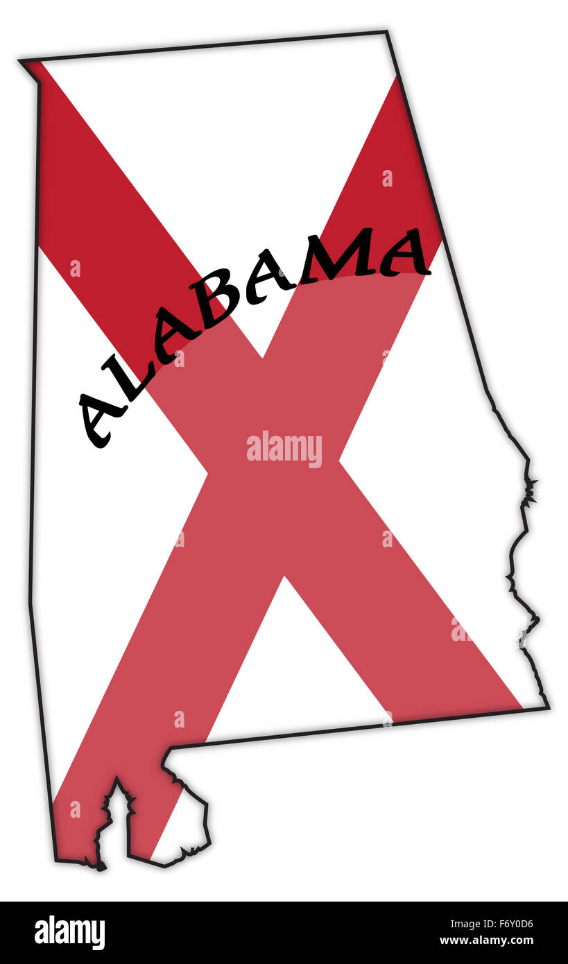Ein Alabama State Flaggendesign innen ein Umriss des Bundesstaates isoliert auf weißem Hintergrund Stockfoto