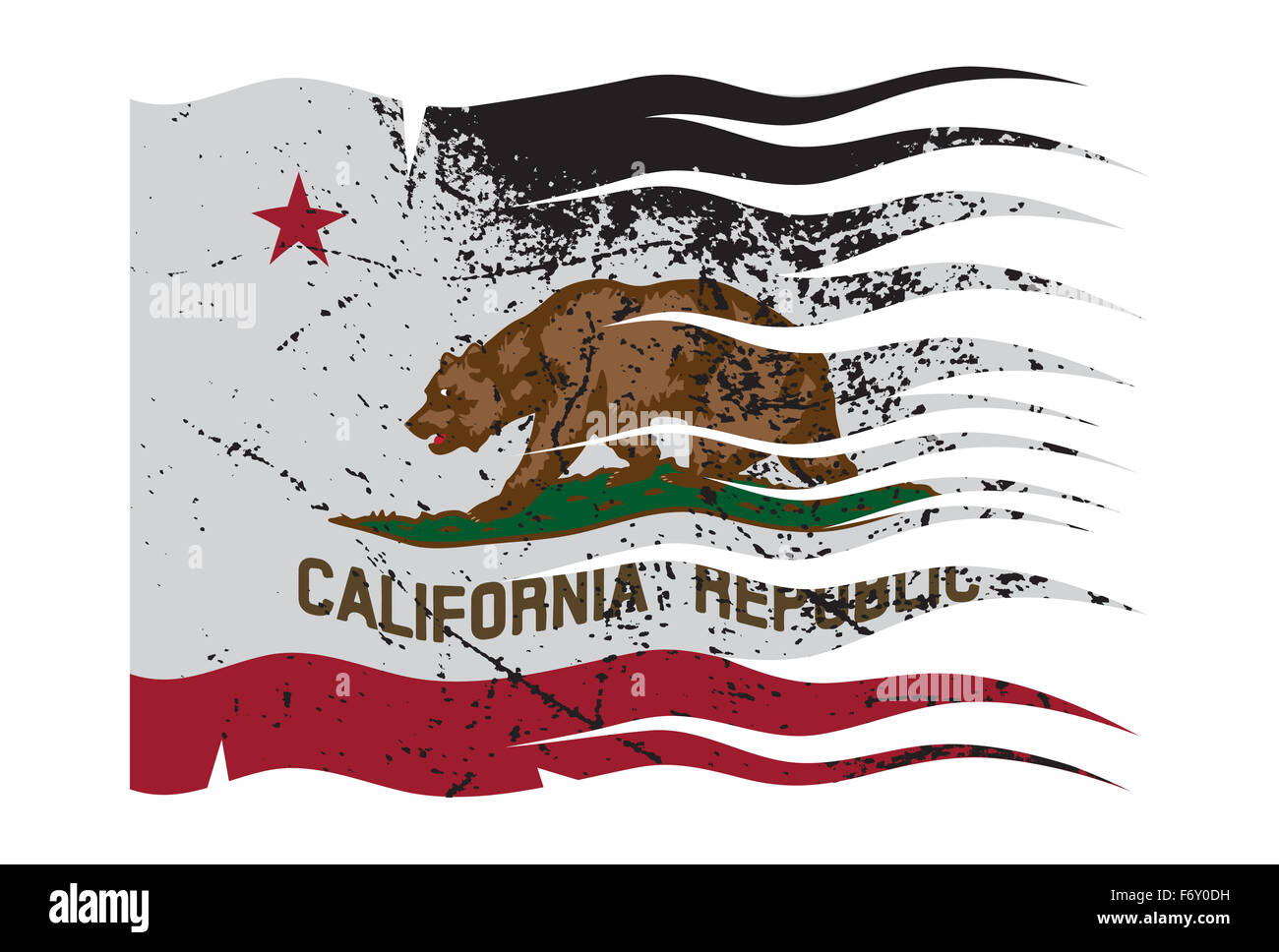 Eine wellenförmige California Flagge mit einem Grunge-Design auf einem weißen Hintergrund isoliert Stockfoto