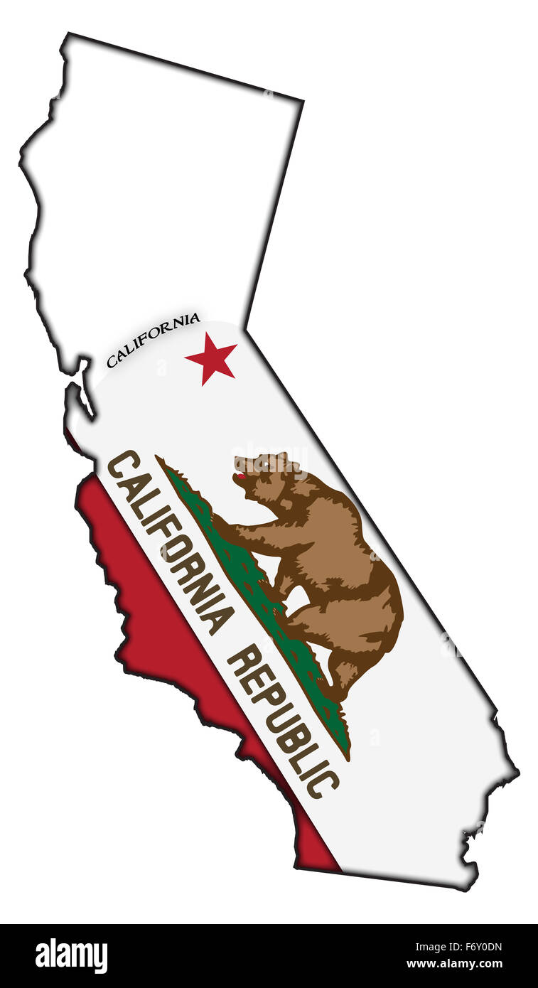 Ein California Flag in einer California Karte isoliert auf weißem Hintergrund Stockfoto