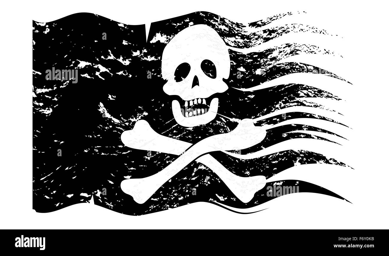 Ein wellig jolly Rodger grunged Pirate Flaggendesign isoliert auf weißem Hintergrund Stockfoto