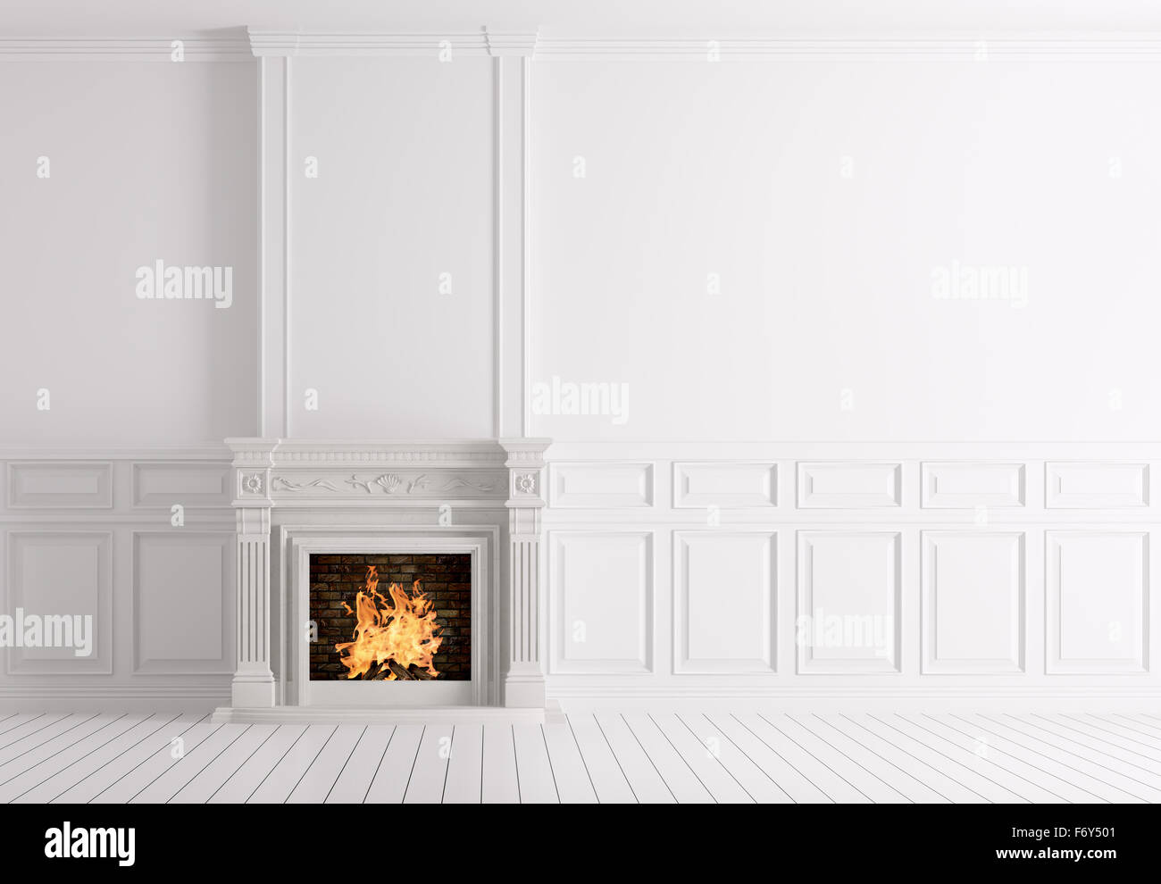 Innere leere klassische weiße Zimmer mit Kamin aus Marmor 3D-Rendering Stockfoto