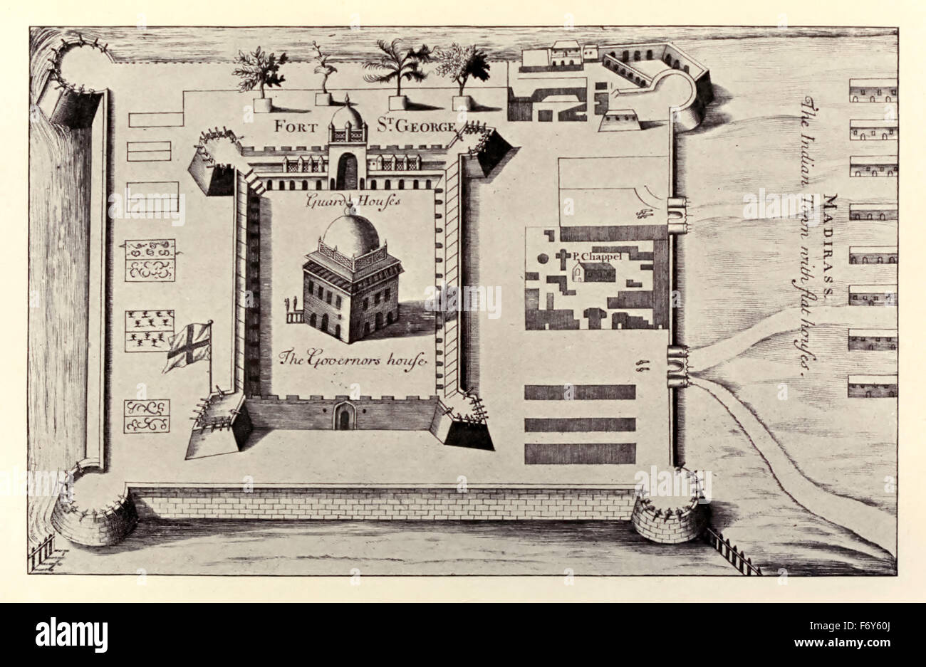 Plan von Fort St. George, Madras, Indien von Dr John Fryer (1650-1733) Erstveröffentlichung im Jahre 1698 in seinem Bericht über seine Reisen in Indien und Persien zwischen 1672 und 1682 genannt "Neues Konto von Ost-Indien und Persien, in acht Buchstaben". Siehe Beschreibung für mehr Informationen. Stockfoto