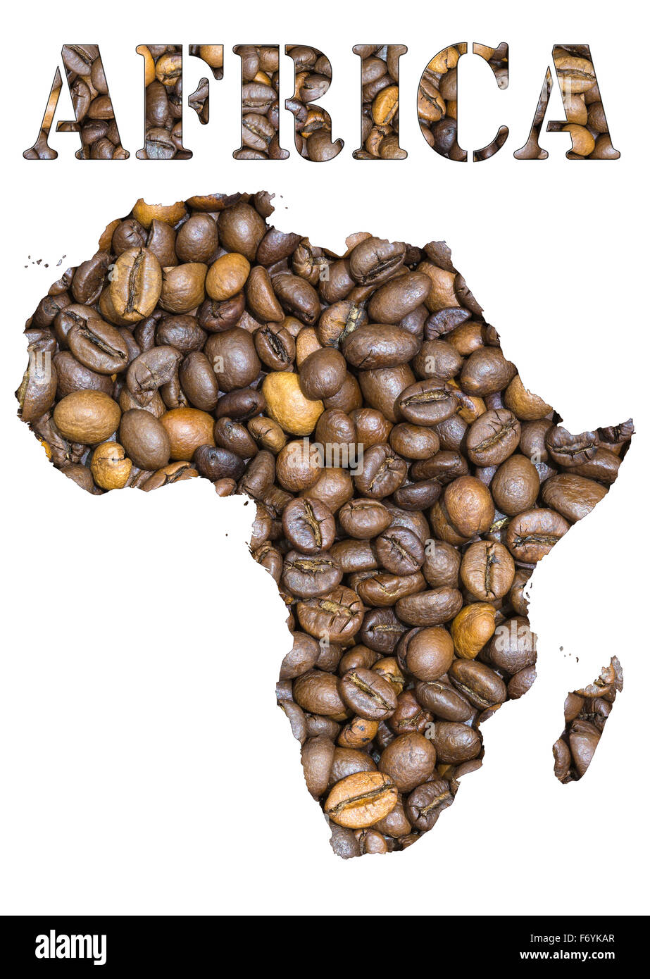 Gerösteten braunen Kaffeebohnen Hintergrund mit der Form der Wort-Africa und der Landkarte-Umriss. Bild isoliert auf einem wh Stockfoto