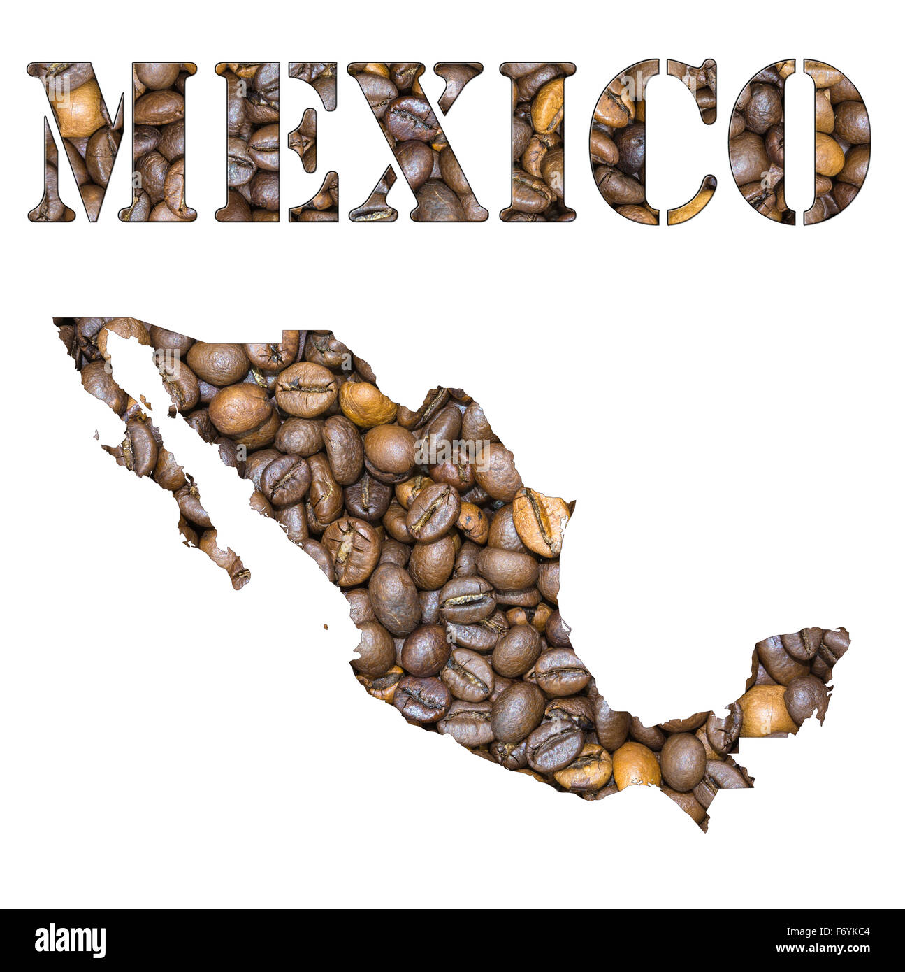 Gerösteten braunen Kaffeebohnen Hintergrund mit der Form des Wortes Mexiko und Land Landkarte Gliederung. Bild isoliert Stockfoto