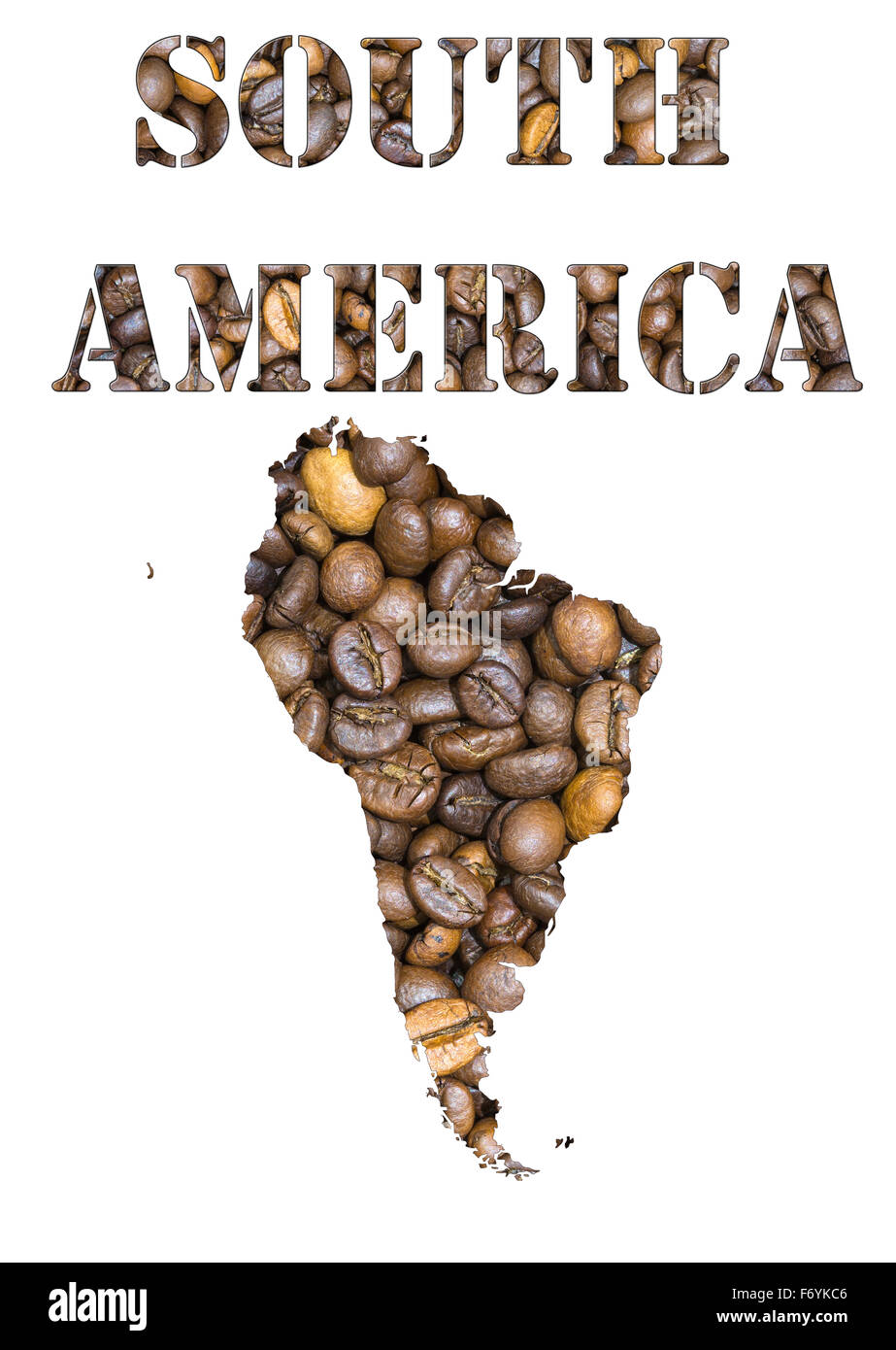 Gerösteten braunen Kaffeebohnen Hintergrund mit der Form das Wort Südamerikas und der Landkarte-Umriss. Bild isoliert Stockfoto