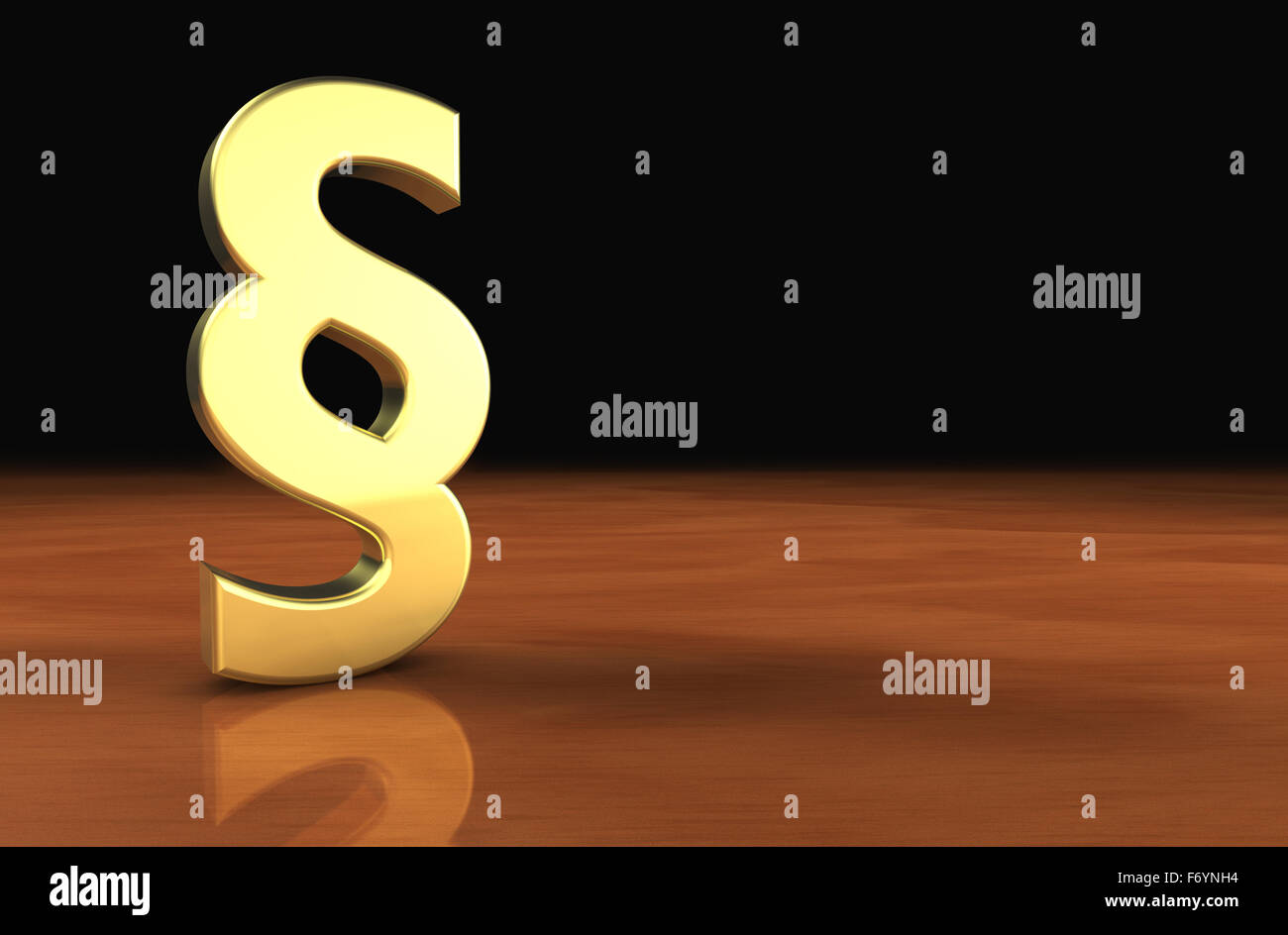 Gesetz und Rechtsvorschriften-Konzept mit einem goldenen Absatzsymbol auf einem hölzernen Desktop mit schwarzem Hintergrund und Kopie. Stockfoto