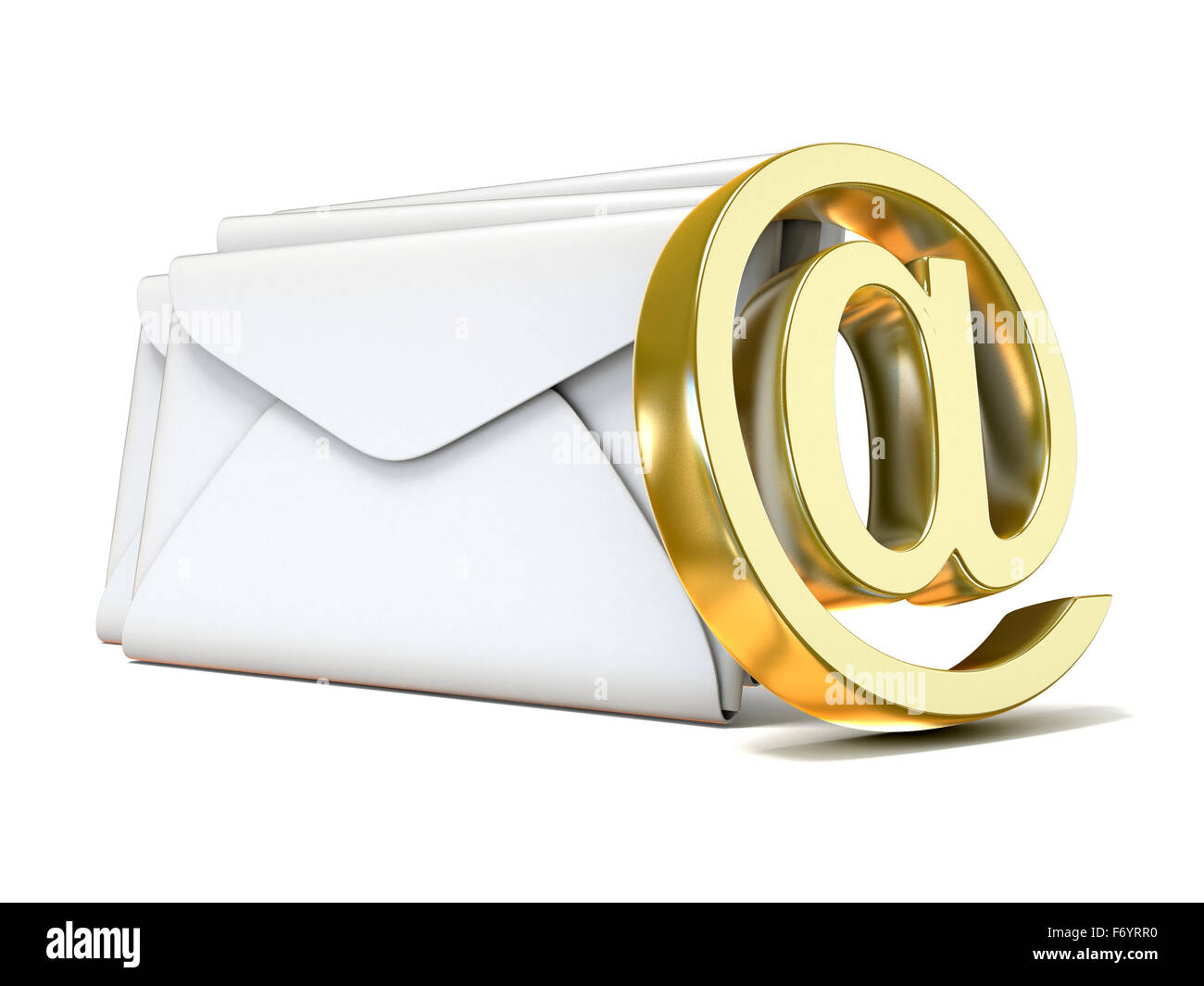 Umschläge mit goldenen e-Mail-Zeichen. 3D-Render Abbildung isoliert auf weißem Hintergrund Stockfoto