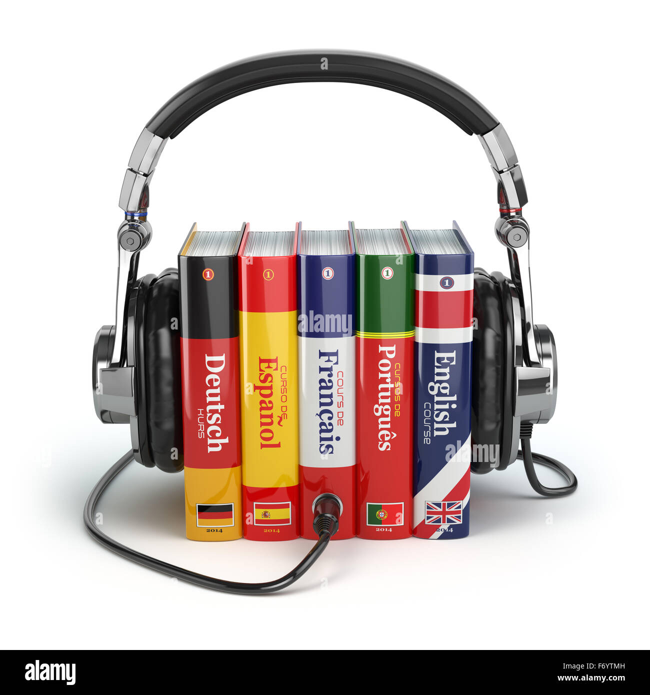 Lernen Sprachen online. Hörbücher-Konzept. Bücher und Kopfhörer, isoliert auf weiss. 3D Stockfoto