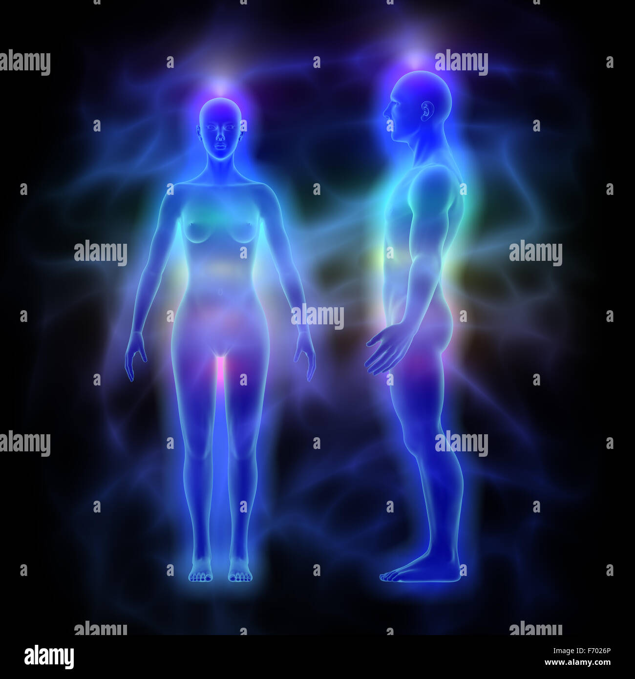 Frau und Mann mit Aura, Chakren und heilende Energie Stockfoto