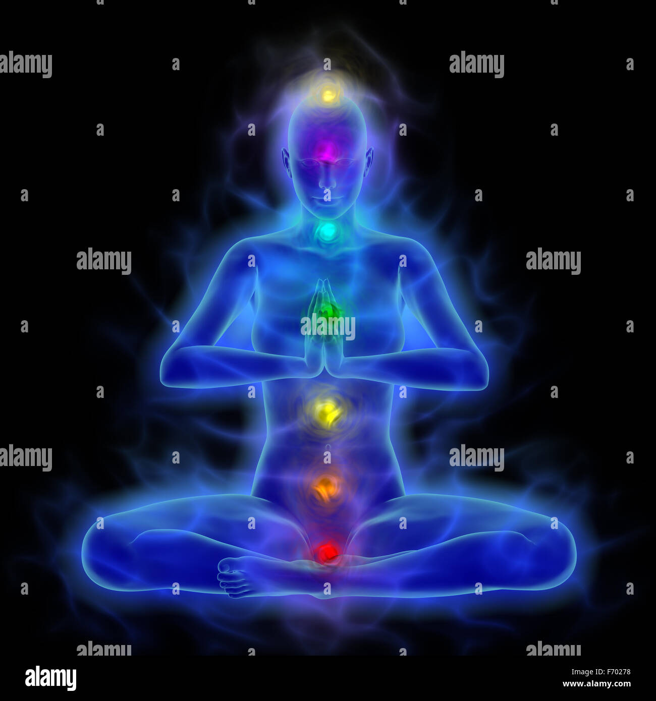 Menschliche Energie-Körper - Silhouette mit Aura und Chakren in der meditation Stockfoto