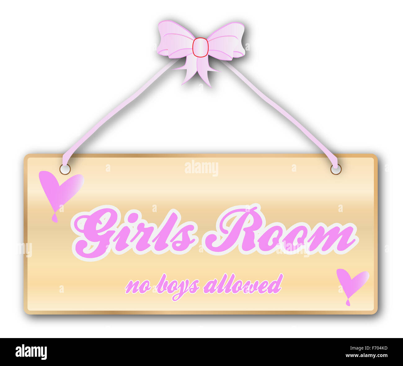 Mädchen Zimmer Plaque in Woodgrain mit rosa Schleife und Bogen über einen weißen Hintergrund mit Liebe Cartoon Herzen Stockfoto