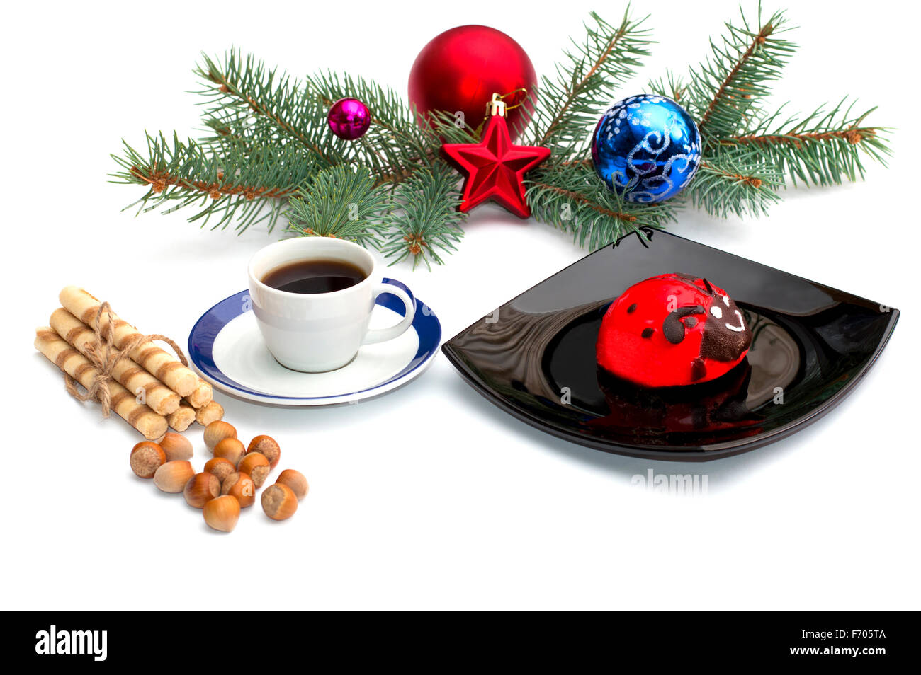 Platte Mit Roten Kuchen Kaffee Und Christbaumschmuck Auf Ein